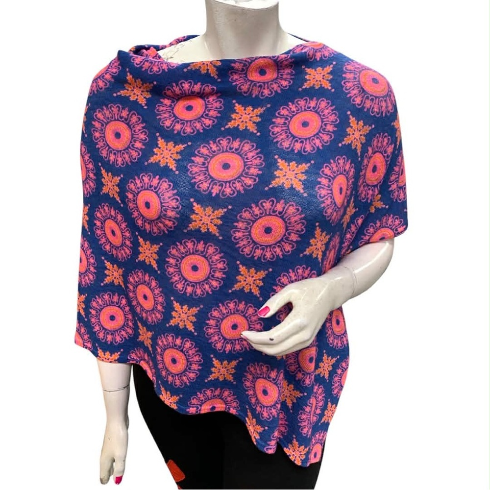 Colorful Blue and Pink Patterned Poncho Size O/S